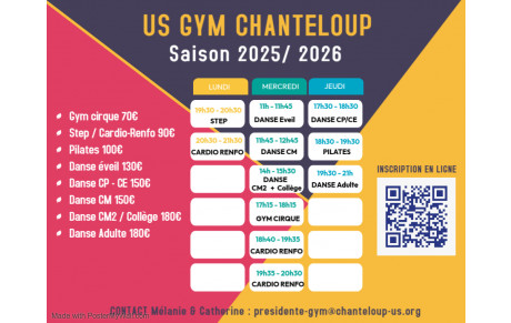 US Gym Chanteloup : Saison 2025 2026 : cours proposés, horaires et tarifs